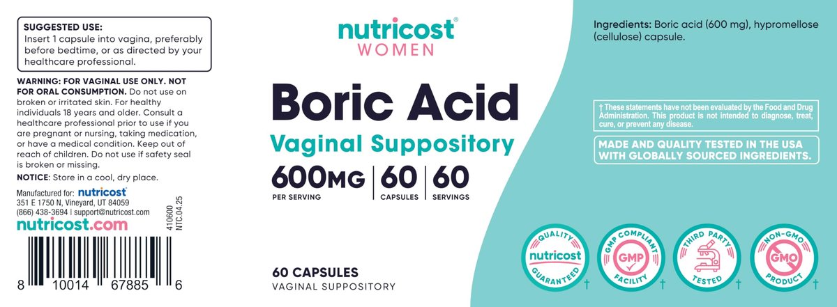 Nutricost Borsäure 600mg, 60 Kapseln - Vaginalzäpfchen - Nicht-GMO - für Frauen