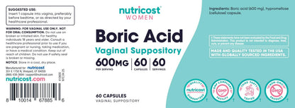 Nutricost Borsäure 600mg, 60 Kapseln - Vaginalzäpfchen - Nicht-GMO - für Frauen