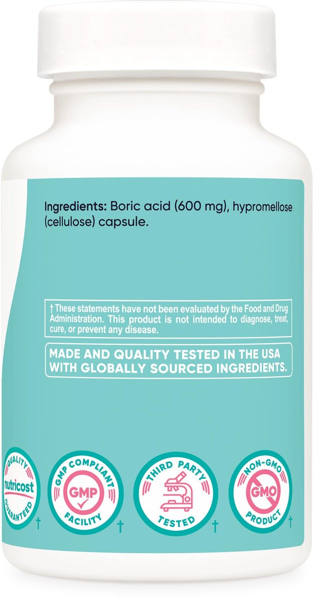 Nutricost Borsäure 600mg, 60 Kapseln - Vaginalzäpfchen - Nicht-GMO - für Frauen