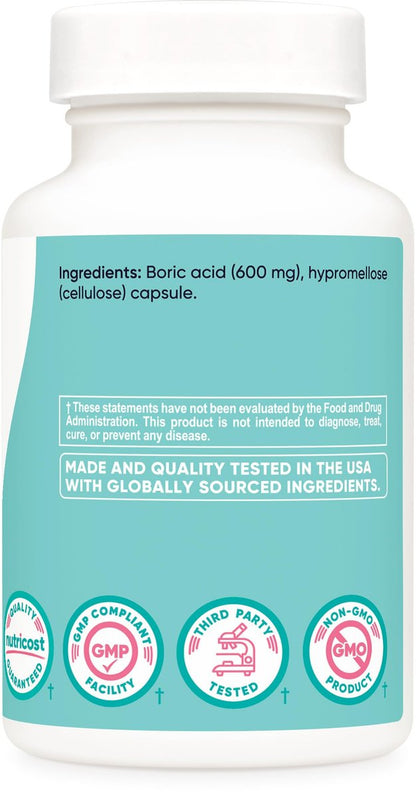 Nutricost Borsäure 600mg, 60 Kapseln - Vaginalzäpfchen - Nicht-GMO - für Frauen