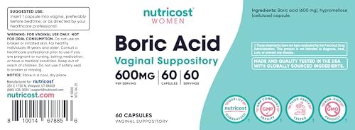 Nutricost Borsäure 600mg, 60 Kapseln - Vaginalzäpfchen - Nicht-GMO - für Frauen