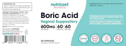 Nutricost Borsäure 600mg, 60 Kapseln - Vaginalzäpfchen - Nicht-GMO - für Frauen