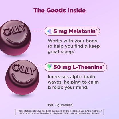OLLY Extra Stark Schlaf Gummis 5 mg Melatonin, L-Theanin, Kamille, Zitronenmelisse Extrakt, Schlafhilfe, Brombeergeschmack - 90 Stück