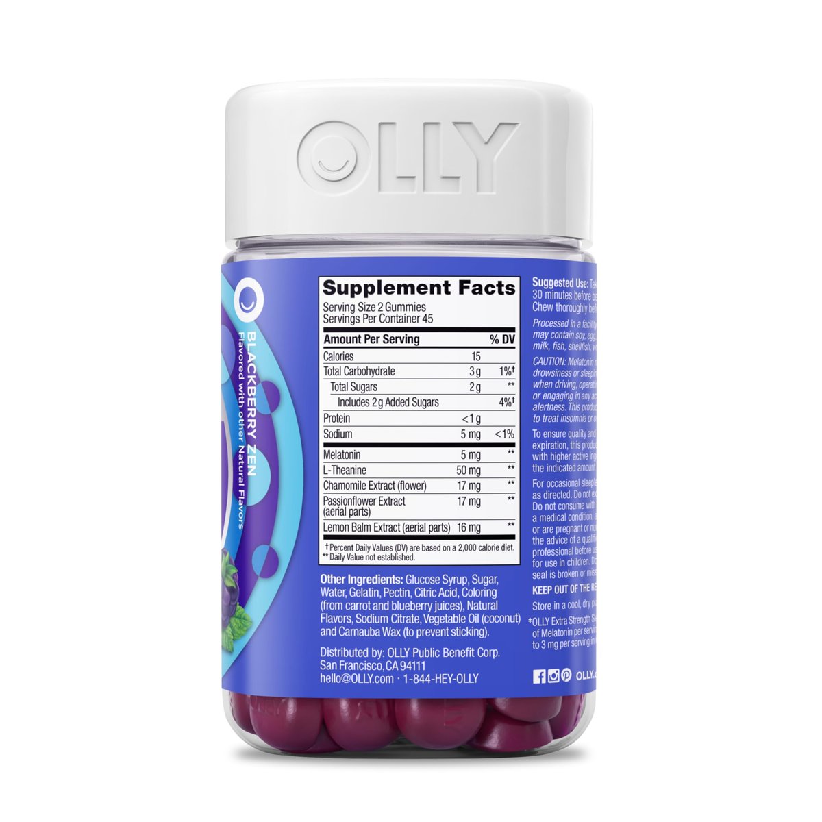 OLLY Extra Stark Schlaf Gummis 5 mg Melatonin, L-Theanin, Kamille, Zitronenmelisse Extrakt, Schlafhilfe, Brombeergeschmack - 90 Stück