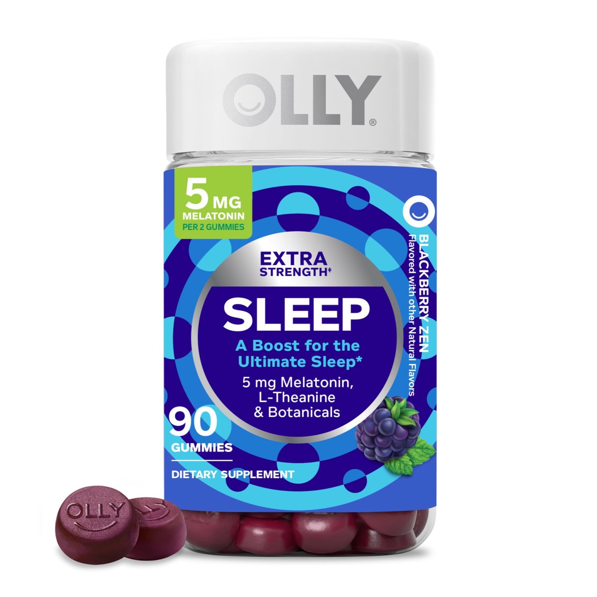OLLY Extra Stark Schlaf Gummis 5 mg Melatonin, L-Theanin, Kamille, Zitronenmelisse Extrakt, Schlafhilfe, Brombeergeschmack - 90 Stück
