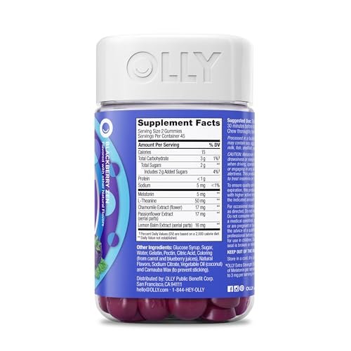 OLLY Extra Stark Schlaf Gummis 5 mg Melatonin, L-Theanin, Kamille, Zitronenmelisse Extrakt, Schlafhilfe, Brombeergeschmack - 90 Stück