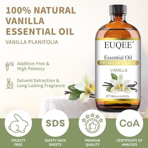 EUQEE Vanille Ätherisches Öl 118 ml – Premium Vanilleöl mit Glaspipette für Diffuser, Aromatherapie, Kerzenherstellung, DIY Seife – 4 Fl. Oz.