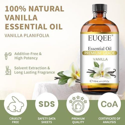 EUQEE Vanille Ätherisches Öl 118 ml – Premium Vanilleöl mit Glaspipette für Diffuser, Aromatherapie, Kerzenherstellung, DIY Seife – 4 Fl. Oz.
