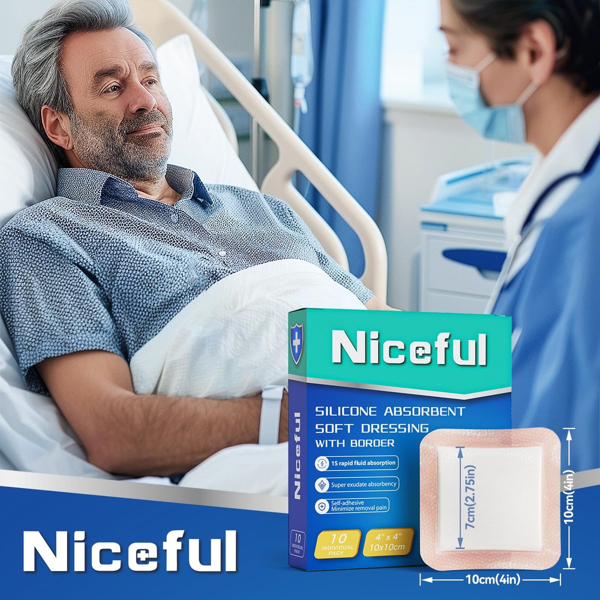 Niceful Silikon Super Saugfähiger Wundverband – 4"× 4" Selbstklebende Wundauflagen für die Wundversorgung, FSA HSA geeignet, Ultra-Weiche Wundpads für Druckgeschwüre Beingeschwüre Verbrennungen, 10 Stück