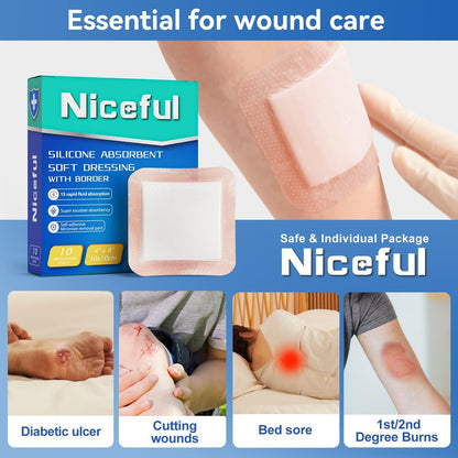 Niceful Silikon Super Saugfähiger Wundverband – 4"× 4" Selbstklebende Wundauflagen für die Wundversorgung, FSA HSA geeignet, Ultra-Weiche Wundpads für Druckgeschwüre Beingeschwüre Verbrennungen, 10 Stück