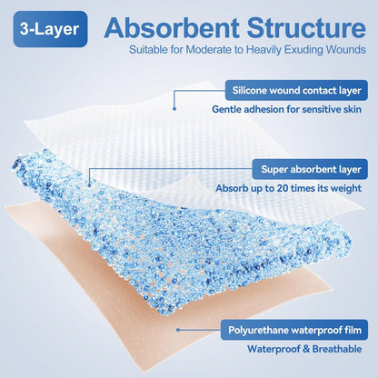 Niceful Silikon Super Saugfähiger Wundverband – 4"× 4" Selbstklebende Wundauflagen für die Wundversorgung, FSA HSA geeignet, Ultra-Weiche Wundpads für Druckgeschwüre Beingeschwüre Verbrennungen, 10 Stück