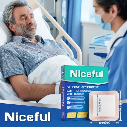 Niceful Silikon Super Saugfähiger Wundverband – 4"× 4" Selbstklebende Wundauflagen für die Wundversorgung, FSA HSA geeignet, Ultra-Weiche Wundpads für Druckgeschwüre Beingeschwüre Verbrennungen, 10 Stück