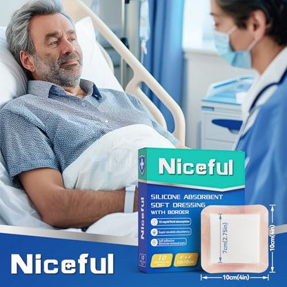 Niceful Silikon Super Saugfähiger Wundverband – 4"× 4" Selbstklebende Wundauflagen für die Wundversorgung, FSA HSA geeignet, Ultra-Weiche Wundpads für Druckgeschwüre Beingeschwüre Verbrennungen, 10 Stück