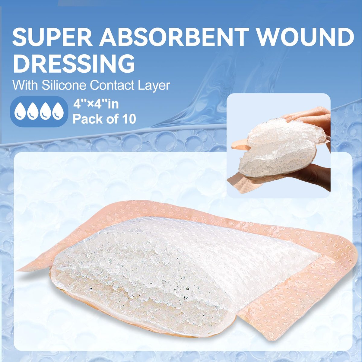 Niceful Silikon Super Saugfähiger Wundverband – 4"× 4" Selbstklebende Wundauflagen für die Wundversorgung, FSA HSA geeignet, Ultra-Weiche Wundpads für Druckgeschwüre Beingeschwüre Verbrennungen, 10 Stück