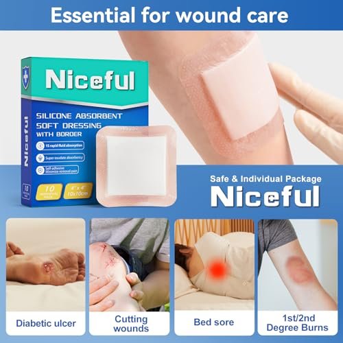 Niceful Silikon Super Saugfähiger Wundverband – 4"× 4" Selbstklebende Wundauflagen für die Wundversorgung, FSA HSA geeignet, Ultra-Weiche Wundpads für Druckgeschwüre Beingeschwüre Verbrennungen, 10 Stück