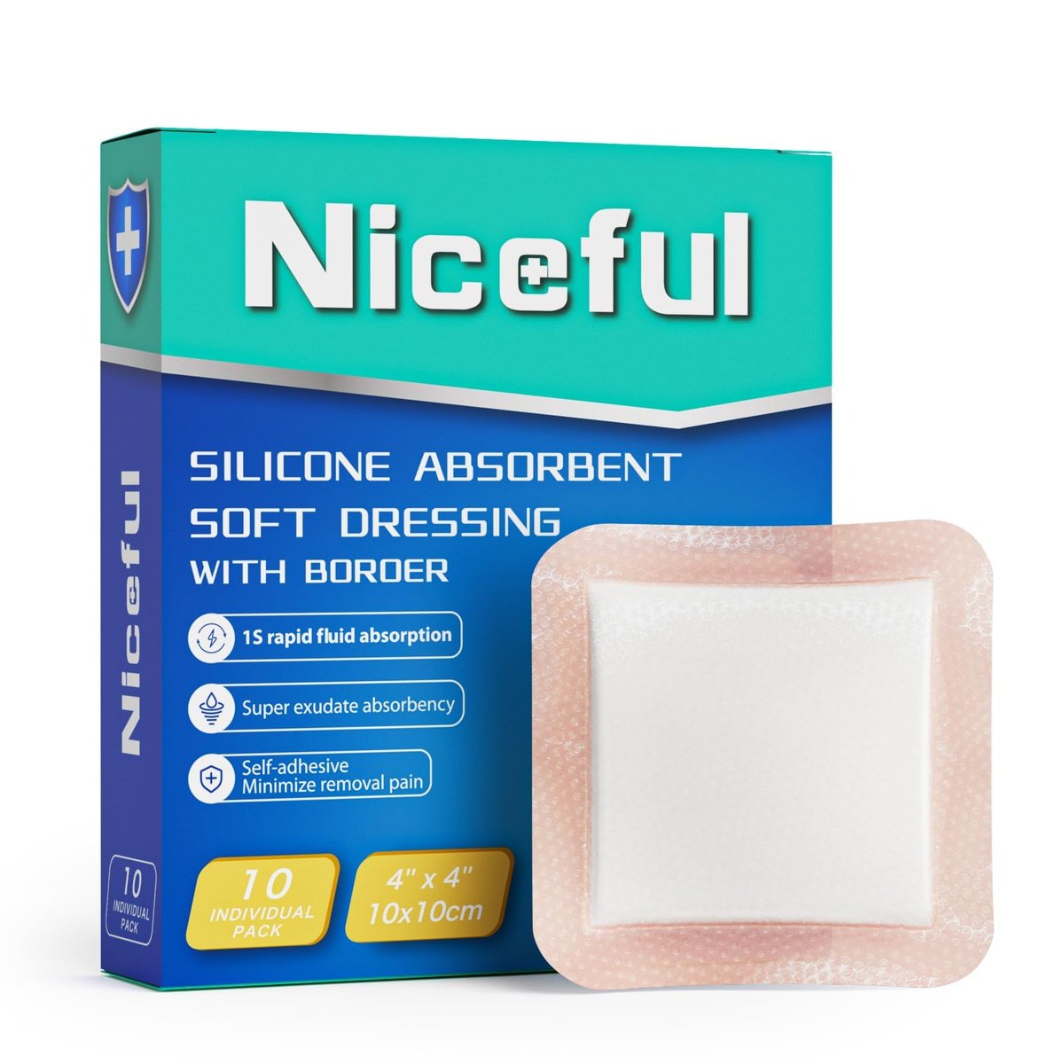 Niceful Silikon Super Saugfähiger Wundverband – 4"× 4" Selbstklebende Wundauflagen für die Wundversorgung, FSA HSA geeignet, Ultra-Weiche Wundpads für Druckgeschwüre Beingeschwüre Verbrennungen, 10 Stück