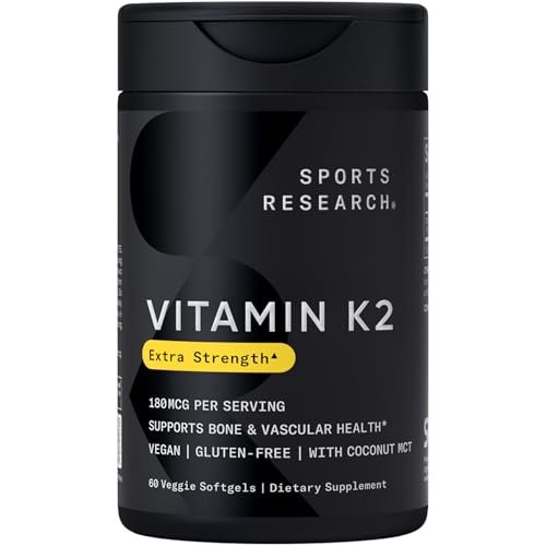 Sports Research® Extra Starkes Vitamin K2 als MK-7 180mcg mit Kokosnuss-MCT-Öl – 60 vegane Softgels – Vegan zertifiziert, Non-GMO verifiziert & glutenfrei