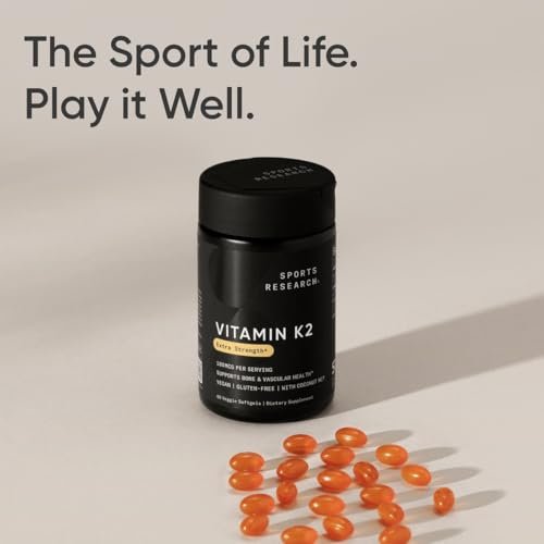 Sports Research® Extra Starkes Vitamin K2 als MK-7 180mcg mit Kokosnuss-MCT-Öl – 60 vegane Softgels – Vegan zertifiziert, Non-GMO verifiziert & glutenfrei