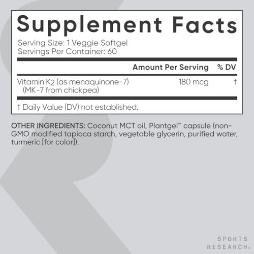 Sports Research® Extra Starkes Vitamin K2 als MK-7 180mcg mit Kokosnuss-MCT-Öl – 60 vegane Softgels – Vegan zertifiziert, Non-GMO verifiziert & glutenfrei