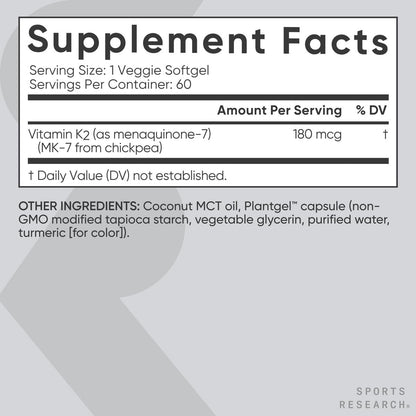 Sports Research® Extra Starkes Vitamin K2 als MK-7 180mcg mit Kokosnuss-MCT-Öl – 60 vegane Softgels – Vegan zertifiziert, Non-GMO verifiziert & glutenfrei
