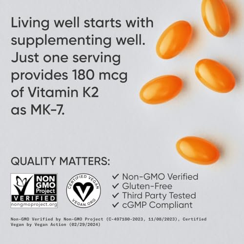 Sports Research® Extra Starkes Vitamin K2 als MK-7 180mcg mit Kokosnuss-MCT-Öl – 60 vegane Softgels – Vegan zertifiziert, Non-GMO verifiziert & glutenfrei