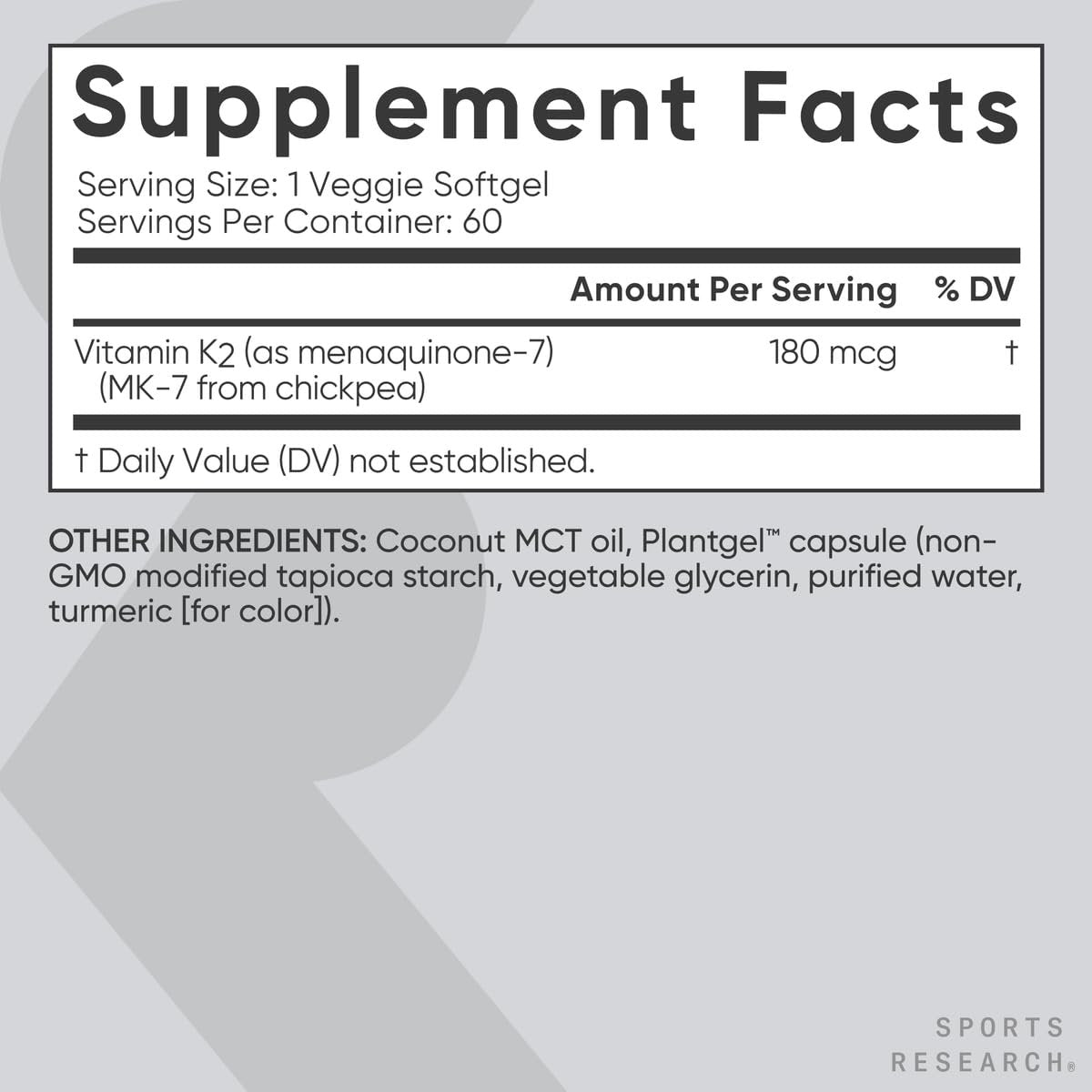 Sports Research® Vitamin K2 als MK-7 100mcg mit Kokos-MCT-Öl – 60 vegane Weichkapseln (2-Monats-Vorrat) – Vegan zertifiziert, Non-GMO verifiziert, gluten- & sojafrei