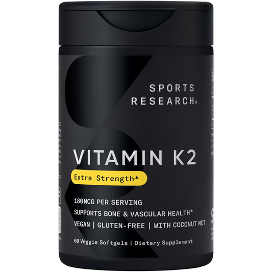 Sports Research® Extra Starkes Vitamin K2 als MK-7 180mcg mit Kokosnuss-MCT-Öl – 60 vegane Softgels – Vegan zertifiziert, Non-GMO verifiziert & glutenfrei