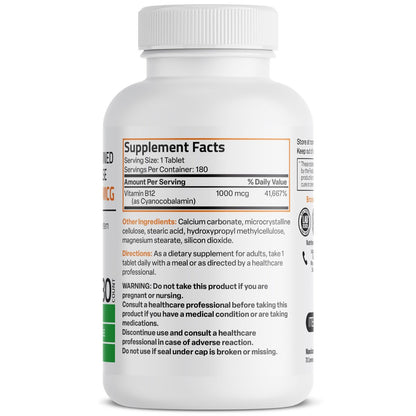 Bronson Vitamin B12 1000 mcg Depottabletten – Unterstützt Nervensystem, Gehirnfunktion und Energieproduktion, 180 Tabletten