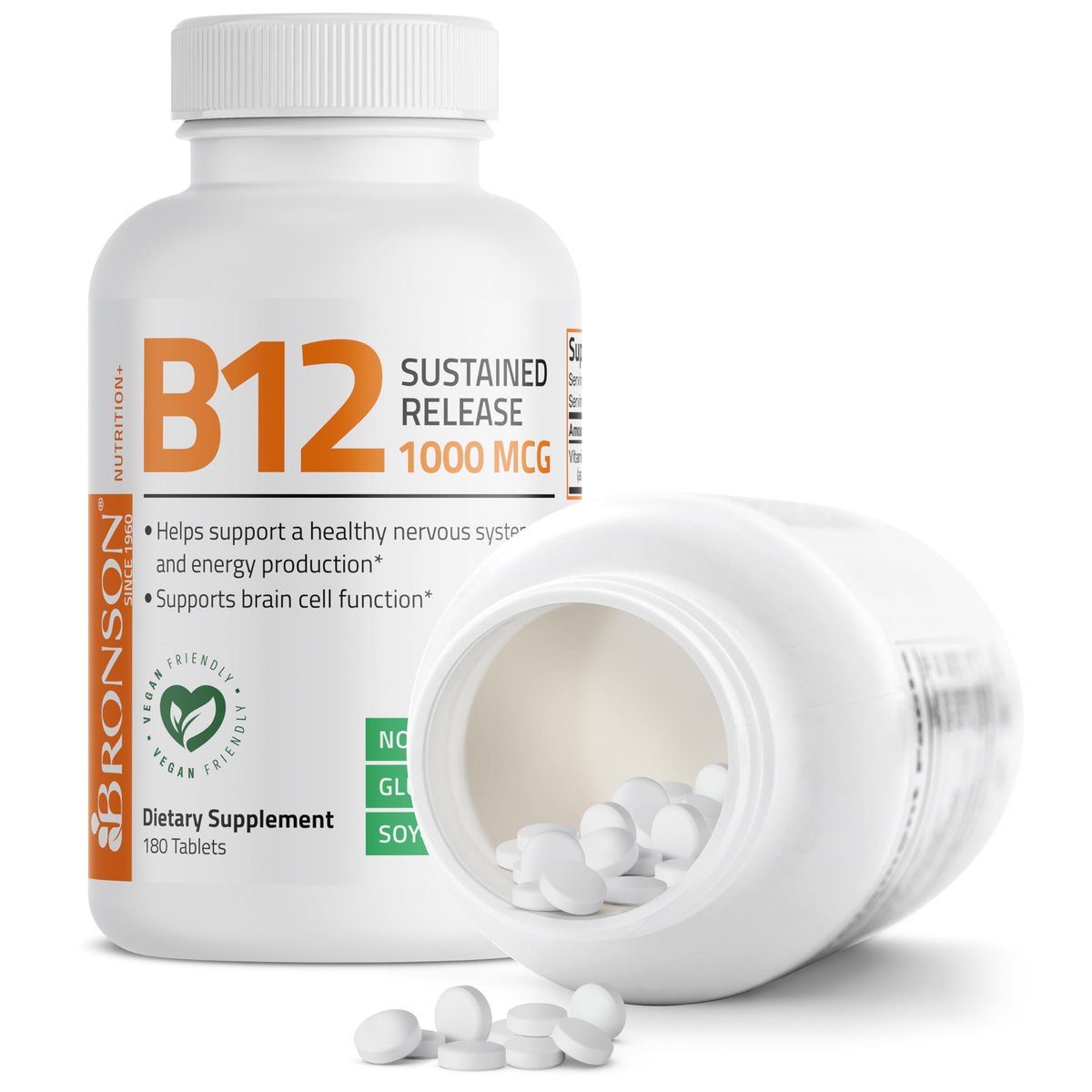 Bronson Vitamin B12 1000 mcg Depottabletten – Unterstützt Nervensystem, Gehirnfunktion und Energieproduktion, 180 Tabletten
