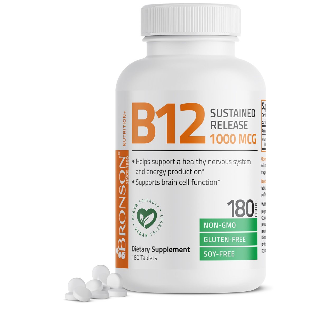 Bronson Vitamin B12 1000 mcg Depottabletten – Unterstützt Nervensystem, Gehirnfunktion und Energieproduktion, 180 Tabletten