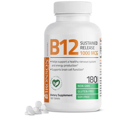 Bronson Vitamin B12 1000 mcg Depottabletten – Unterstützt Nervensystem, Gehirnfunktion und Energieproduktion, 180 Tabletten