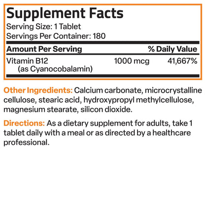 Bronson Vitamin B12 1000 mcg Depot-Tabletten – Premium, Non-GMO, unterstützt Nervensystem, Gehirnfunktion und Energieproduktion, 250 Stück
