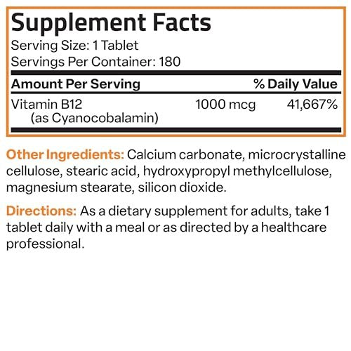 Bronson Vitamin B12 1000 mcg Depottabletten – Unterstützt Nervensystem, Gehirnfunktion und Energieproduktion, 180 Tabletten