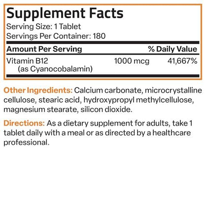Bronson Vitamin B12 1000 mcg Depottabletten – Unterstützt Nervensystem, Gehirnfunktion und Energieproduktion, 180 Tabletten