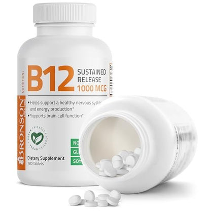 Bronson Vitamin B12 1000 mcg Depottabletten – Unterstützt Nervensystem, Gehirnfunktion und Energieproduktion, 180 Tabletten