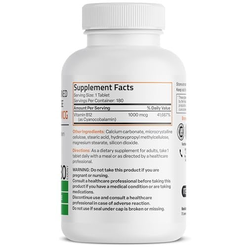 Bronson Vitamin B12 1000 mcg Depottabletten – Unterstützt Nervensystem, Gehirnfunktion und Energieproduktion, 180 Tabletten