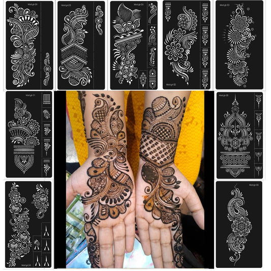 Henna-Schablonen Set – 9 wiederverwendbare Henna-Sticker für Hand, Unterarm und Körper – Indische & arabische Tattoo-Vorlagen