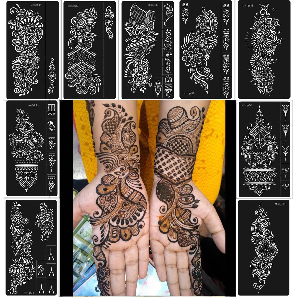 Henna-Schablonen Set – 9 wiederverwendbare Henna-Sticker für Hand, Unterarm und Körper – Indische & arabische Tattoo-Vorlagen