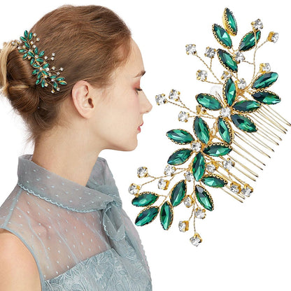 Grüner Kristall Braut Haarkamm mit Blättern und Strass - Goldener Haarreif für Hochzeitsaccessoires für Frauen