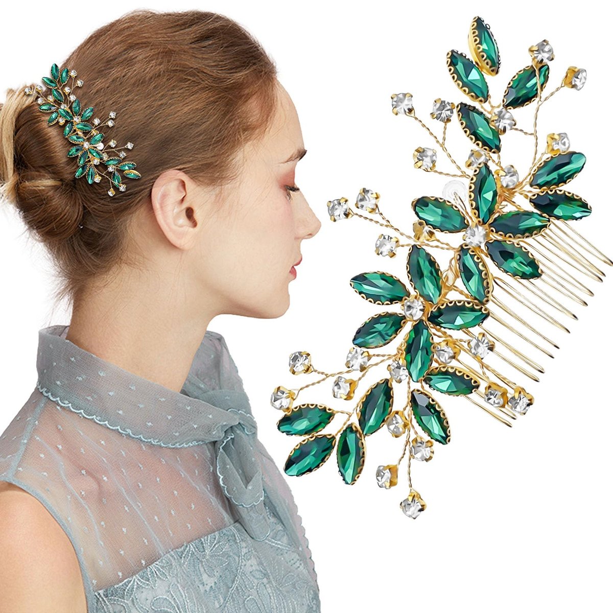 Grüner Kristall Braut Haarkamm mit Blättern und Strass - Goldener Haarreif für Hochzeitsaccessoires für Frauen