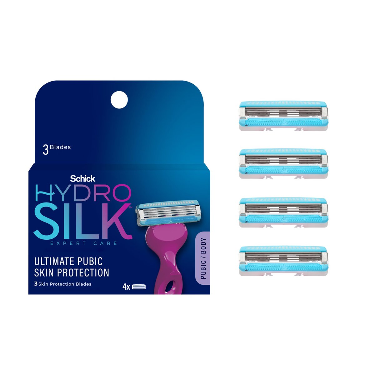 Schick Hydro Silk Ultimate Pubic Skin Protection – 4 Bikini Rasierer Nachfüllklingen für Frauen, Schamhaar Rasierklingen, 4er-Pack