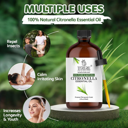 TRATAK ORGANICS Citronella Bio Öl – 118 ml – 100% reines und natürliches Citronellaöl für Diffuser und Aromatherapie, Haut, Massage, Kerzen- und Seifenherstellung – mit Pipette
