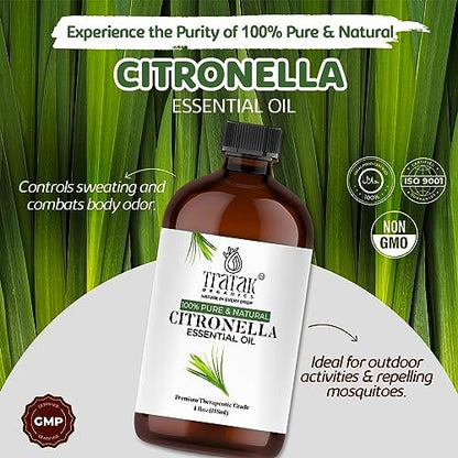 TRATAK ORGANICS Citronella Bio Öl – 118 ml – 100% reines und natürliches Citronellaöl für Diffuser und Aromatherapie, Haut, Massage, Kerzen- und Seifenherstellung – mit Pipette