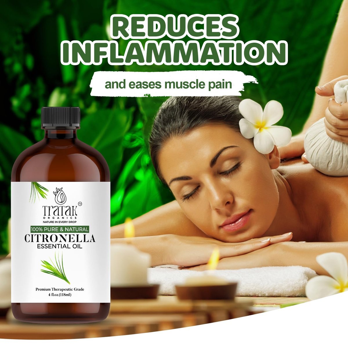 TRATAK ORGANICS Citronella Bio Öl – 118 ml – 100% reines und natürliches Citronellaöl für Diffuser und Aromatherapie, Haut, Massage, Kerzen- und Seifenherstellung – mit Pipette