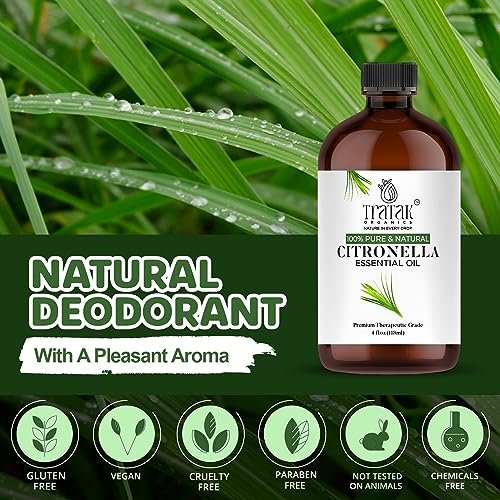 TRATAK ORGANICS Citronella Bio Öl – 118 ml – 100% reines und natürliches Citronellaöl für Diffuser und Aromatherapie, Haut, Massage, Kerzen- und Seifenherstellung – mit Pipette