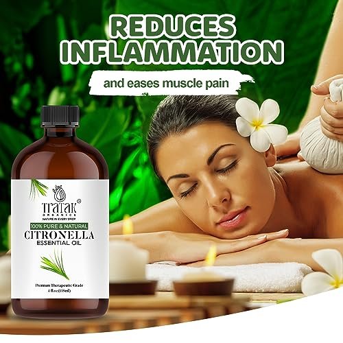 TRATAK ORGANICS Citronella Bio Öl – 118 ml – 100% reines und natürliches Citronellaöl für Diffuser und Aromatherapie, Haut, Massage, Kerzen- und Seifenherstellung – mit Pipette
