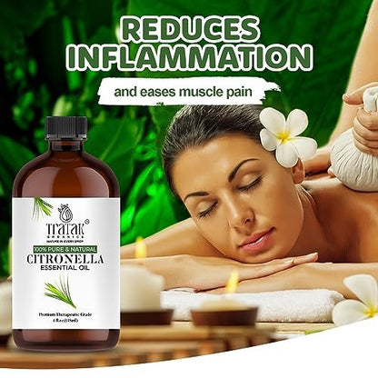 TRATAK ORGANICS Citronella Bio Öl – 118 ml – 100% reines und natürliches Citronellaöl für Diffuser und Aromatherapie, Haut, Massage, Kerzen- und Seifenherstellung – mit Pipette