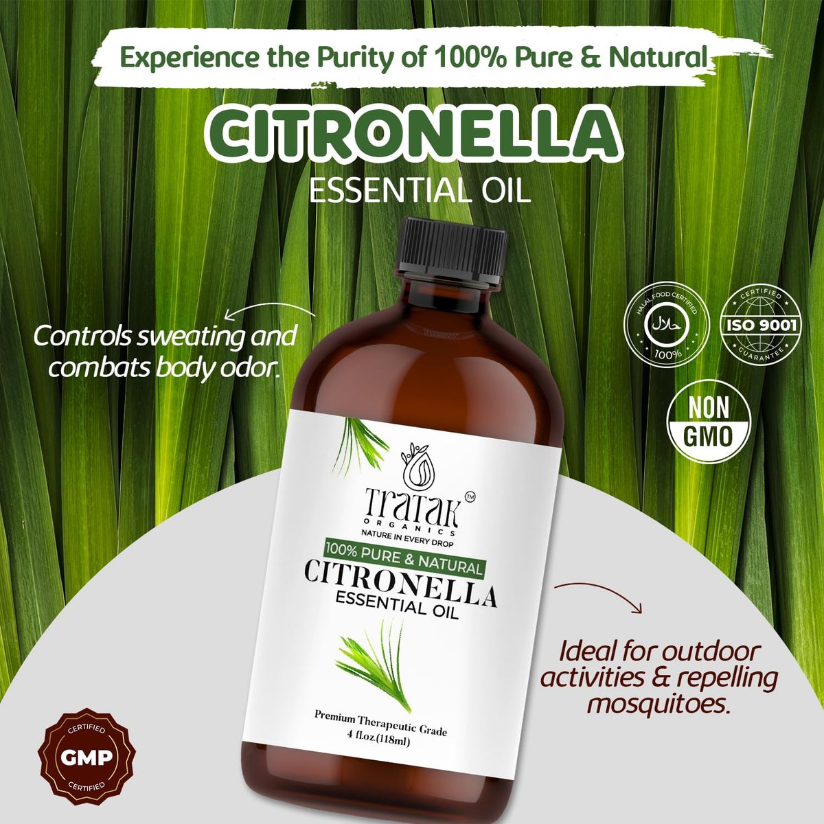 TRATAK ORGANICS Citronella Bio Öl – 118 ml – 100% reines und natürliches Citronellaöl für Diffuser und Aromatherapie, Haut, Massage, Kerzen- und Seifenherstellung – mit Pipette