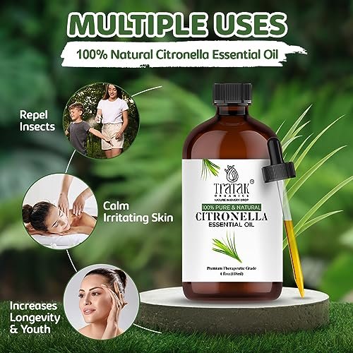 TRATAK ORGANICS Citronella Bio Öl – 118 ml – 100% reines und natürliches Citronellaöl für Diffuser und Aromatherapie, Haut, Massage, Kerzen- und Seifenherstellung – mit Pipette