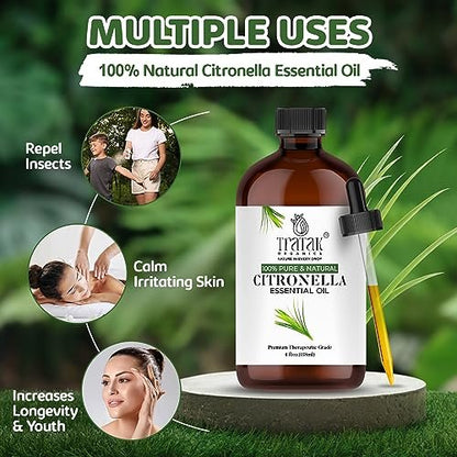 TRATAK ORGANICS Citronella Bio Öl – 118 ml – 100% reines und natürliches Citronellaöl für Diffuser und Aromatherapie, Haut, Massage, Kerzen- und Seifenherstellung – mit Pipette